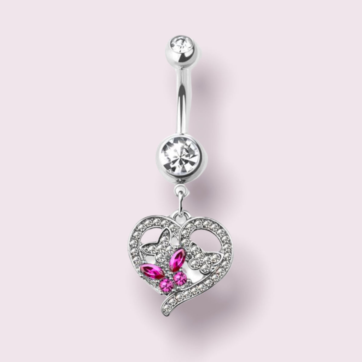 Silver Heart with Pink Butterfly Dangling Belly Button Ring