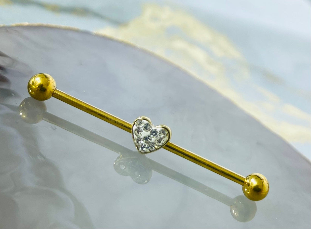 14G Gold Clear Paved Stones Heart Industrial Barbell. Industrial Piercing. Industrial Barbell. Industrial Jewelry. Body Jewelry. Earrings