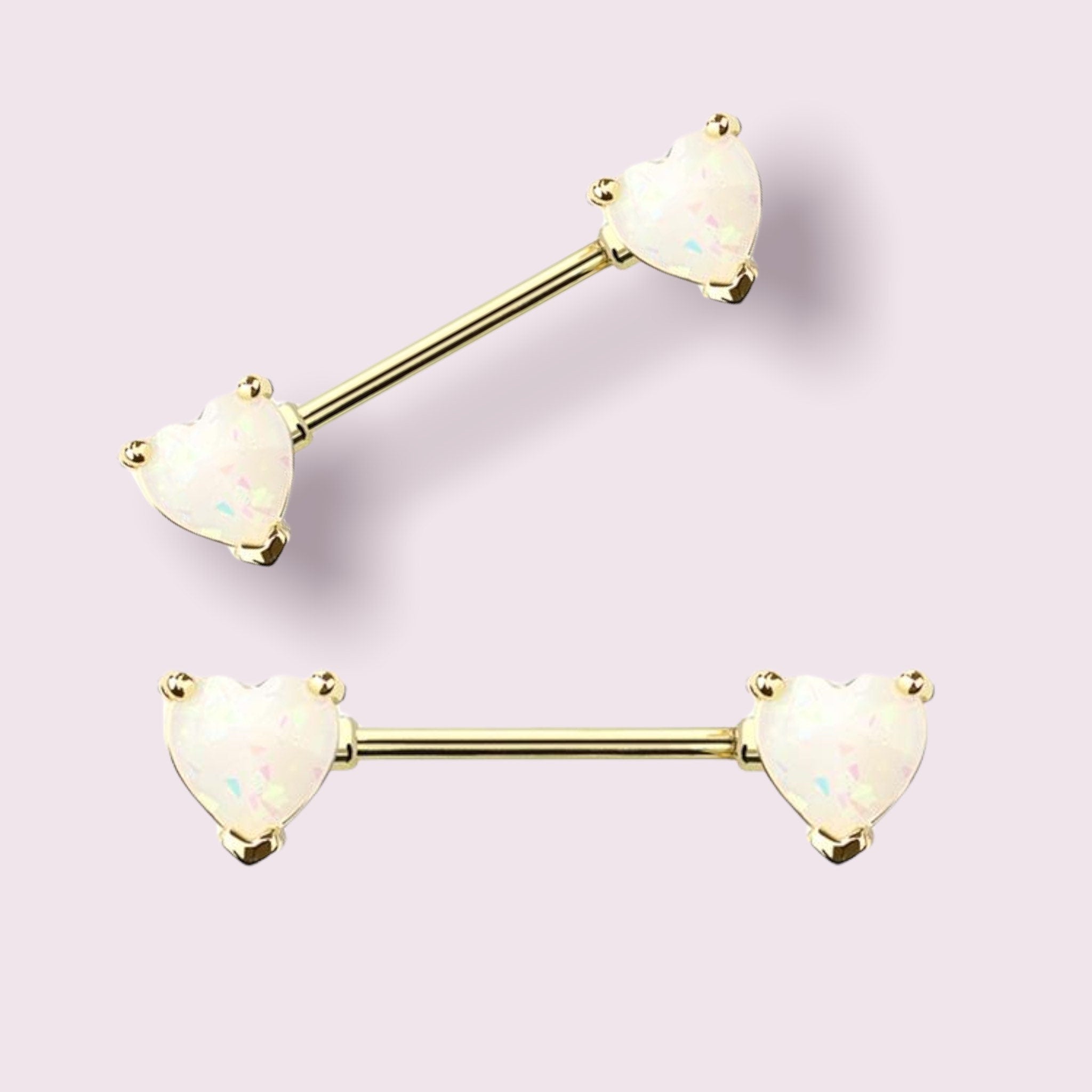 Pair of 14G Gold White Opal Hearts Nipple Barbell. Nipple Rings. Nipple Piercing. Nipple Jewelry.