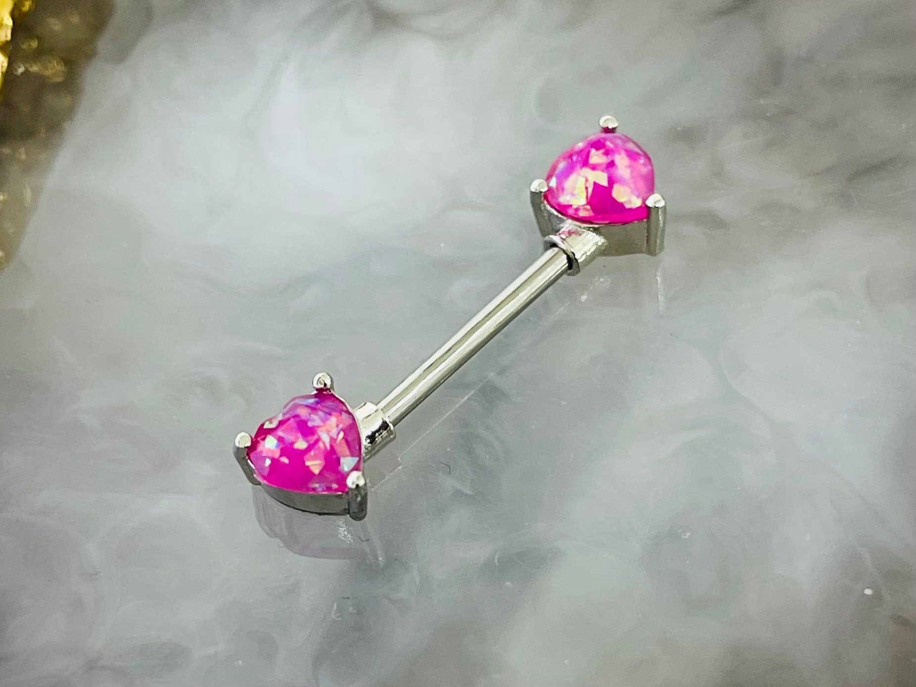 Pair of 14G Pink Opal Hearts Nipple Barbell. Nipple Rings. Nipple Piercing. Nipple Jewelry.