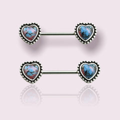 Pair of 14G Surgical Steel Antique Silver Blue Opal Heart Nipple Barbell. Nipple Piercing. Nipple Rings. Nipple Jewelry