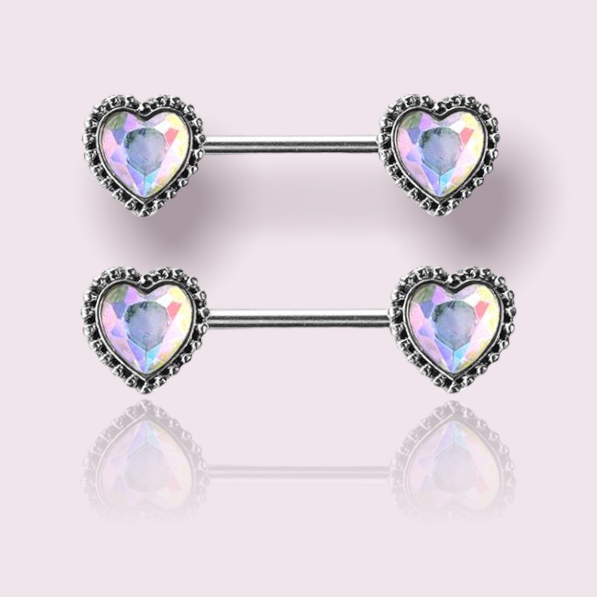 Pair of 14G Surgical Steel Antique Silver Heart Nipple Barbell. Nipple Piercing. Nipple Rings. Nipple Jewelry.