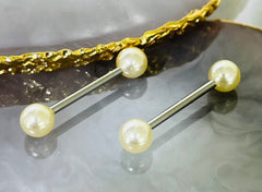 Pair of 14G Surgical Steel Off White Pearls Nipple Barbell. Nipple Piercing. Nipple Rings. Nipple Jewelry.