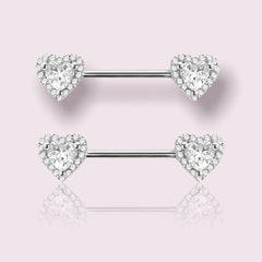 Pair of 14G Surgical Steel Clear Gem Heart Nipple Barbell. Nipple Rings. Nipple Piercing. Nipple Jewelry.