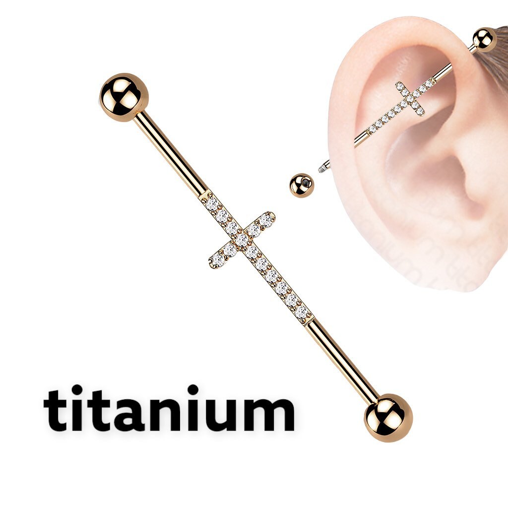 Implant Grade Titanium Rose Gold Industrial Barbell with Clear Gems Cross. Industrial Piercing.