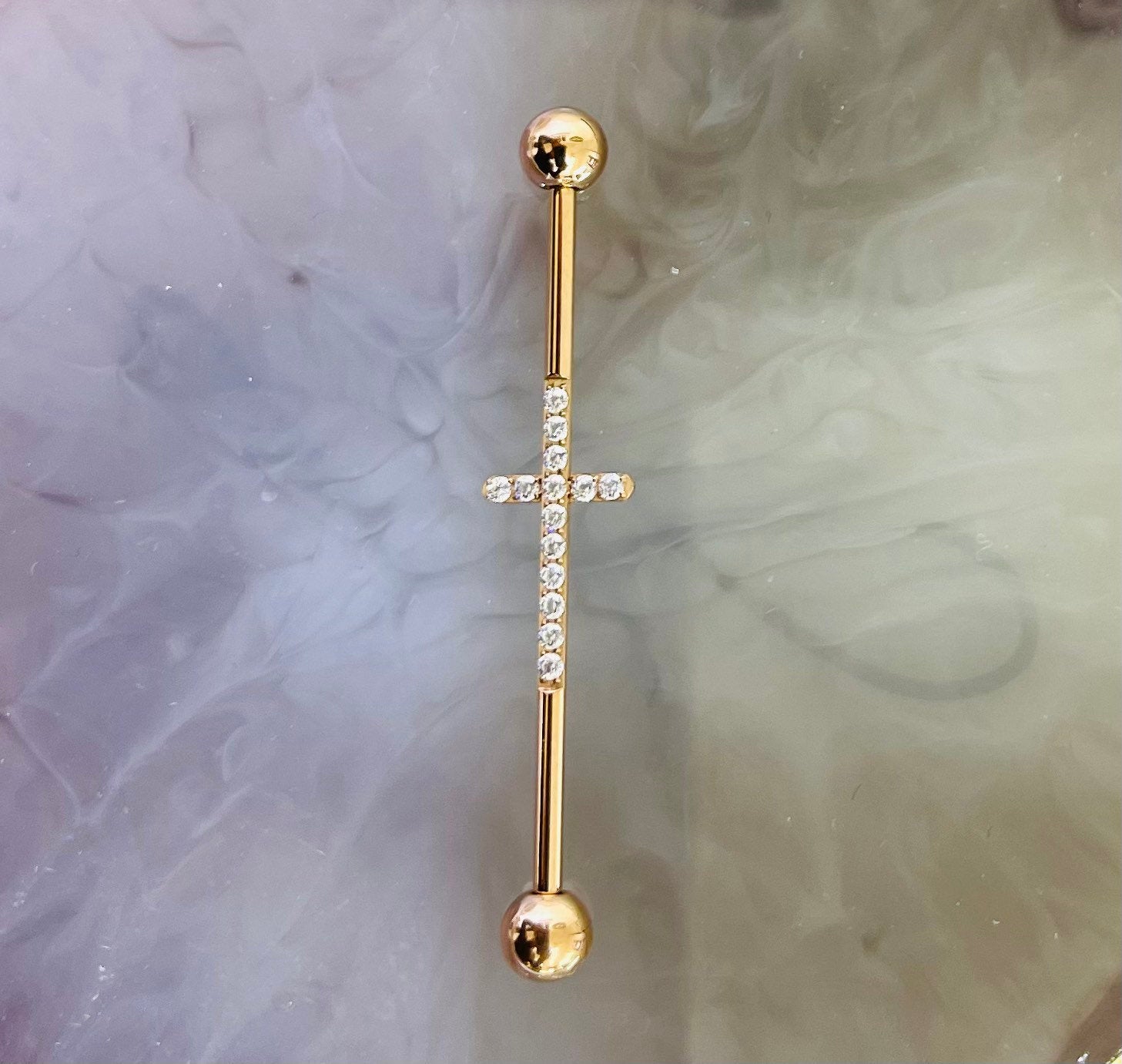 Implant Grade Titanium Rose Gold Industrial Barbell with Clear Gems Cross. Industrial Piercing.