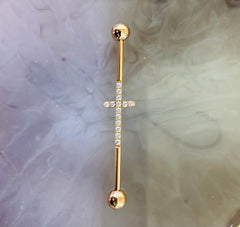 Implant Grade Titanium Rose Gold Industrial Barbell with Clear Gems Cross. Industrial Piercing.