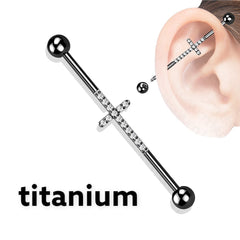 Implant Grade Titanium Black Industrial Barbell with Clear Gems Cross. Industrial Piercing.