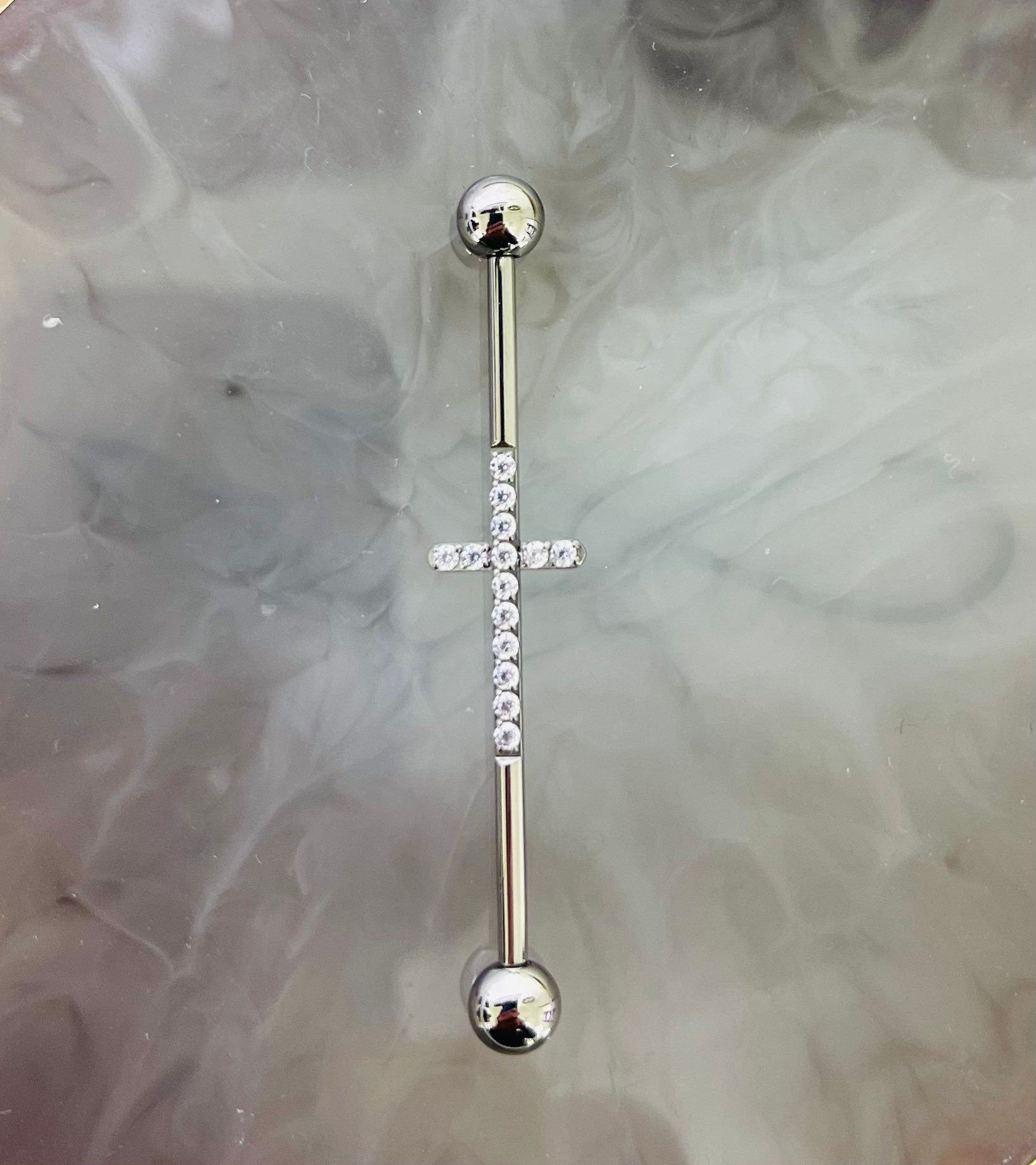 Implant Grade Titanium Silver Industrial Barbell with Clear Gems Cross. Industrial Piercing.