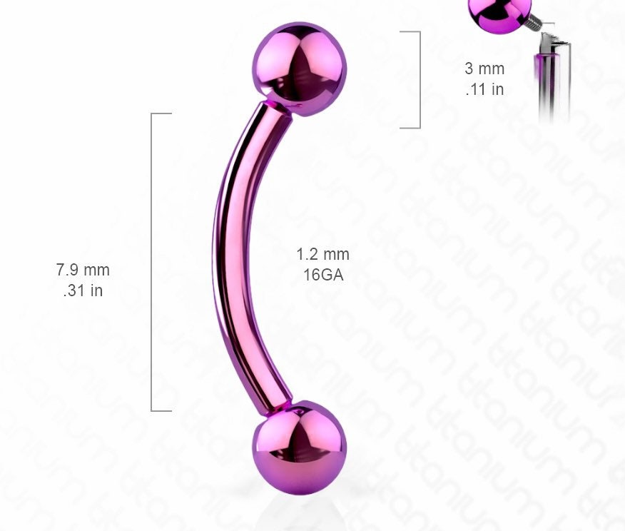 16G Internally Threaded Implant Grade Titanium Purple Curved Barbell. Eyebrow Piercing. VCH Piercing. Daith & more