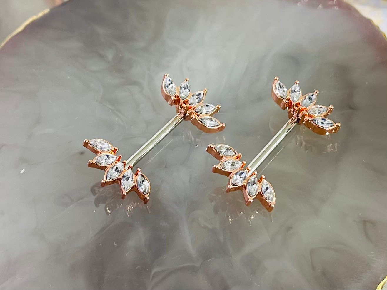 Set of 14G Rose Gold Accent Sparkling Clear Marquise Crystals Ends Nipple Barbells. Nipple Rings. Nipple Piercings. Nipple Jewelry.