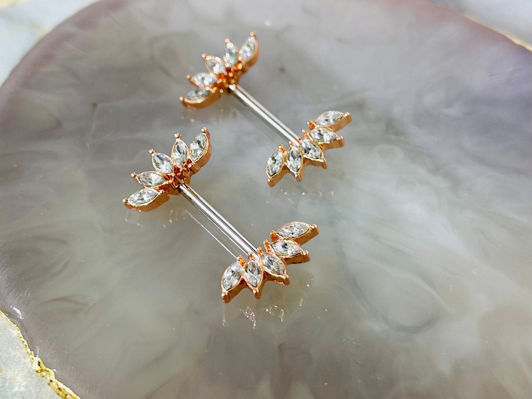 Set of 14G Rose Gold Accent Sparkling Clear Marquise Crystals Ends Nipple Barbells. Nipple Rings. Nipple Piercings. Nipple Jewelry.