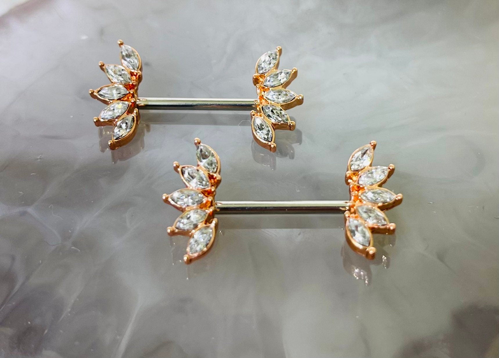 Set of 14G Rose Gold Accent Sparkling Clear Marquise Crystals Ends Nipple Barbells. Nipple Rings. Nipple Piercings. Nipple Jewelry.