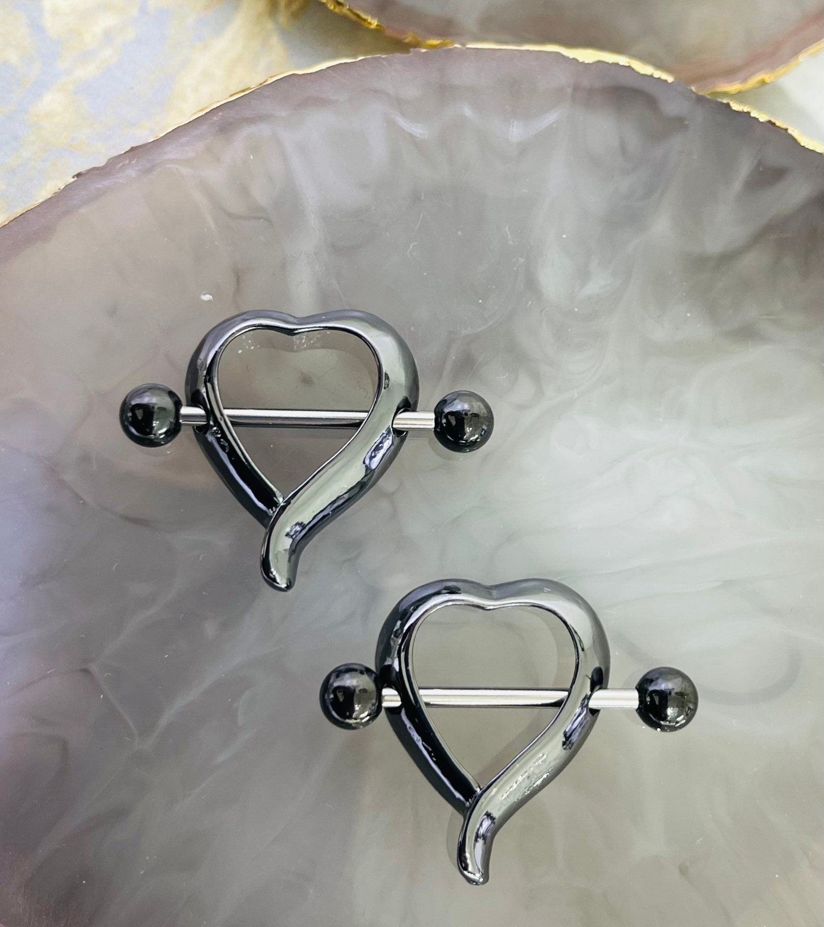 Set of 14G Plain Black Heart Shape Nipple Shield. Nipple Rings. Nipple Piercing. Nipple Jewelry