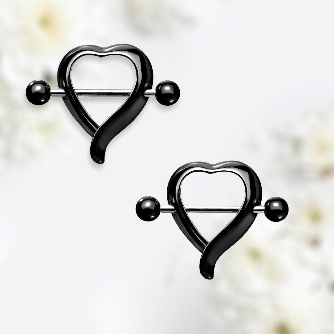 Set of 14G Plain Black Heart Shape Nipple Shield. Nipple Rings. Nipple Piercing. Nipple Jewelry