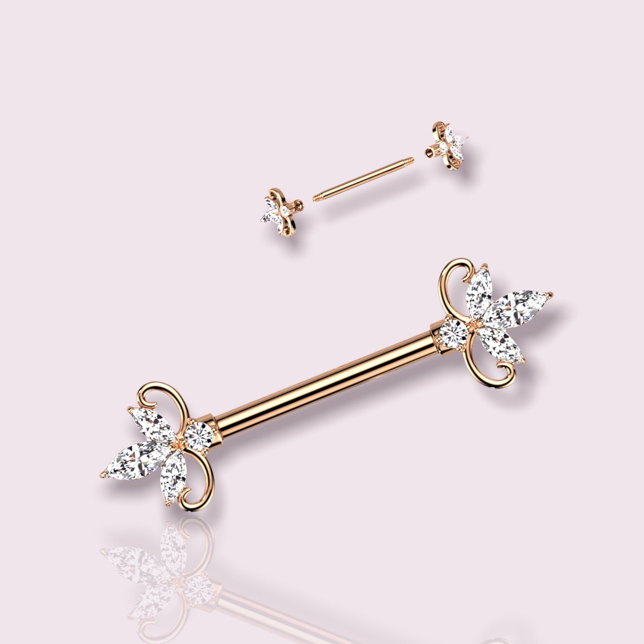 Pair of 14G Rose Gold Clear Marquise Stones Nipple Barbell. Nipple Piercing. Nipple Rings. Nipple Jewelry.