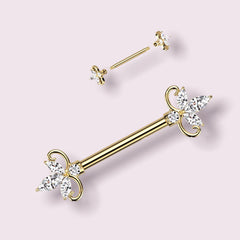 14G Gold Clear Marquise Stones Nipple Barbell. Nipple Piercing. Nipple Rings. Nipple Jewelry.