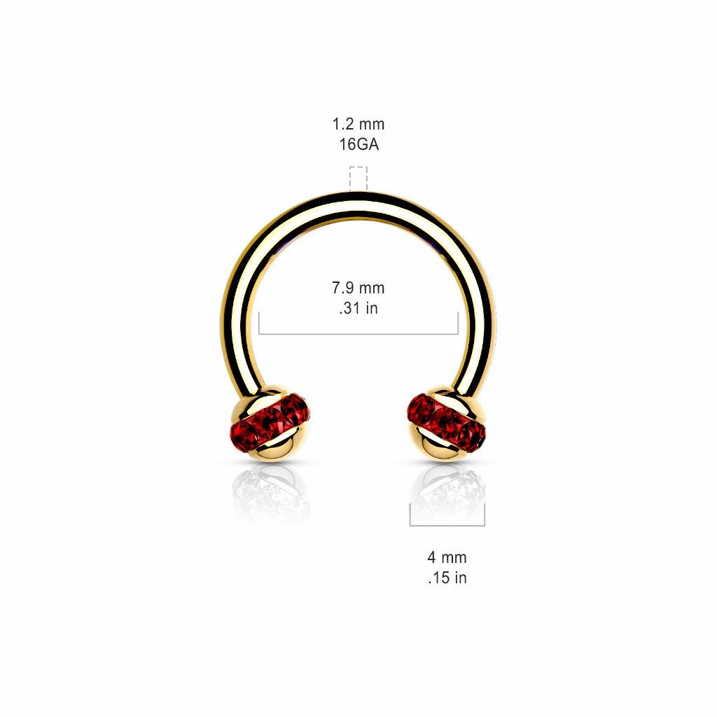 16G Red Crystal Ball Ends Surgical Steel Horsehshoe for Cartilage, Spetum, Daith, Eyebrow Piercings.