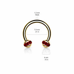 16G Red Crystal Ball Ends Surgical Steel Horsehshoe for Cartilage, Spetum, Daith, Eyebrow Piercings.