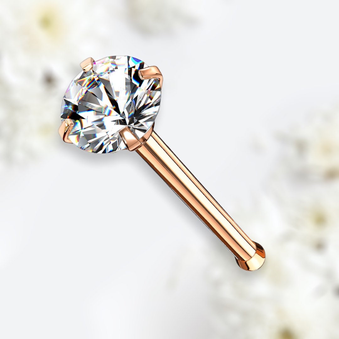 20G Prong Setting Clear Round Gem Top Rose Gold Nose Stud with Ball. Nose Stud. Nose Piercing.