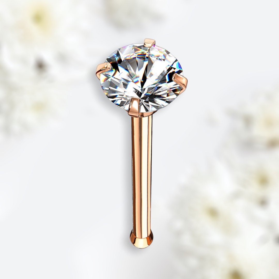 20G Prong Setting Clear Round Gem Top Rose Gold Nose Stud with Ball. Nose Stud. Nose Piercing.