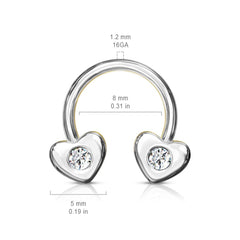 16G Silver Clear Stone Heart Ends Horseshoe. Septum Ring. Nose Ring.