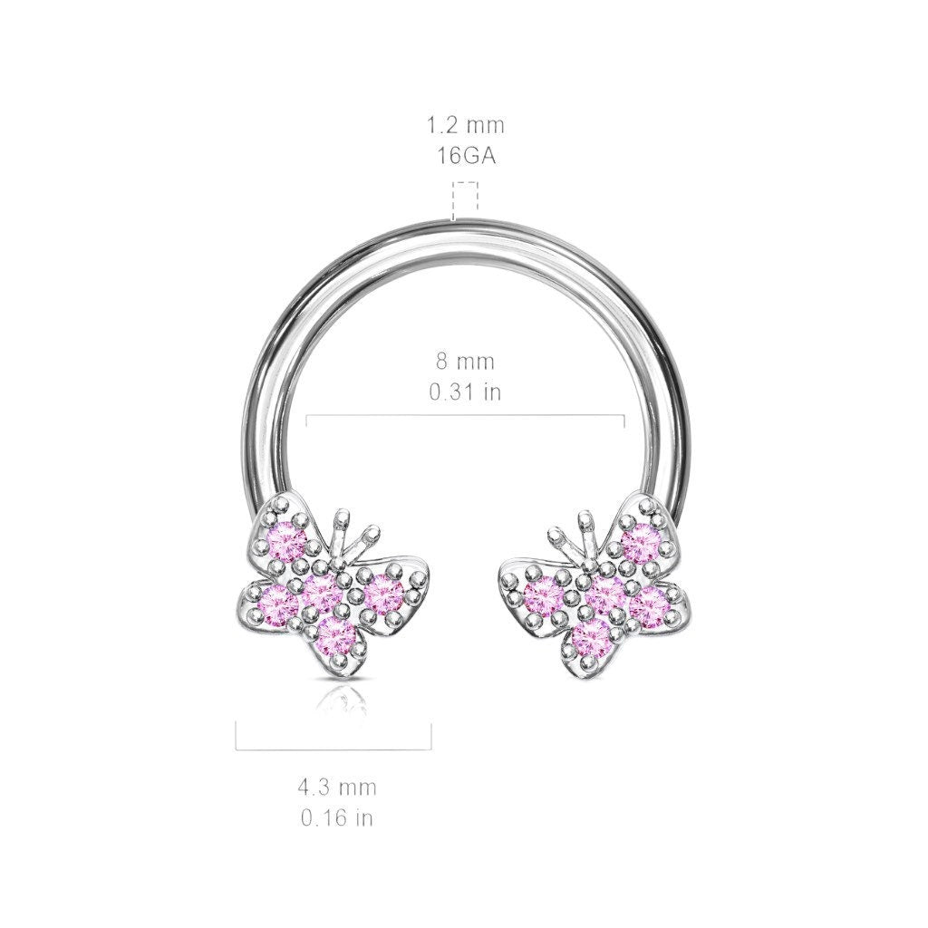 16G Sparkling Pink Butterfly Ends Horseshoe for Septum, Tragus & Cartilage Piercing.