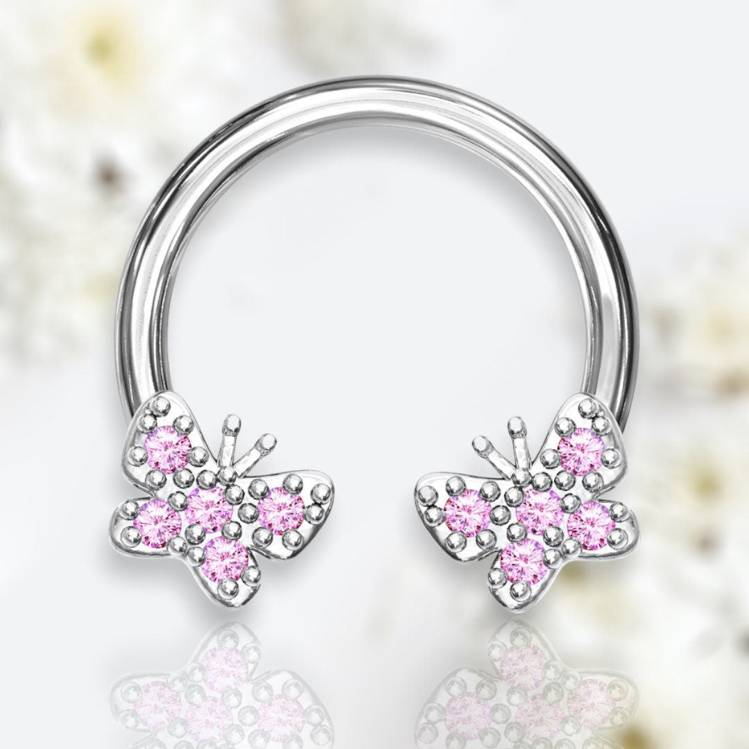 16G Sparkling Pink Butterfly Ends Horseshoe for Septum, Tragus & Cartilage Piercing.