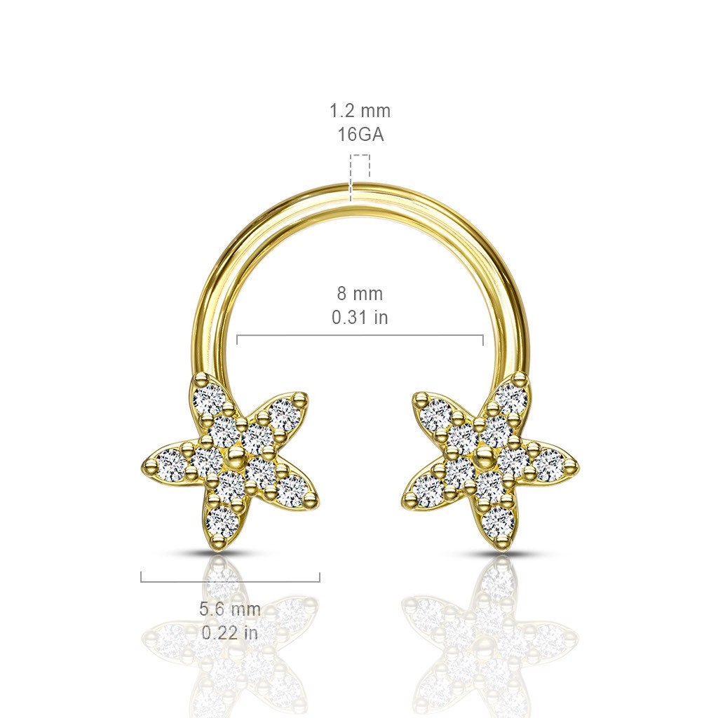 16G Gold Sparkling Flower Ends Horseshoe for Septum, Tragus & Cartilage Piercing.