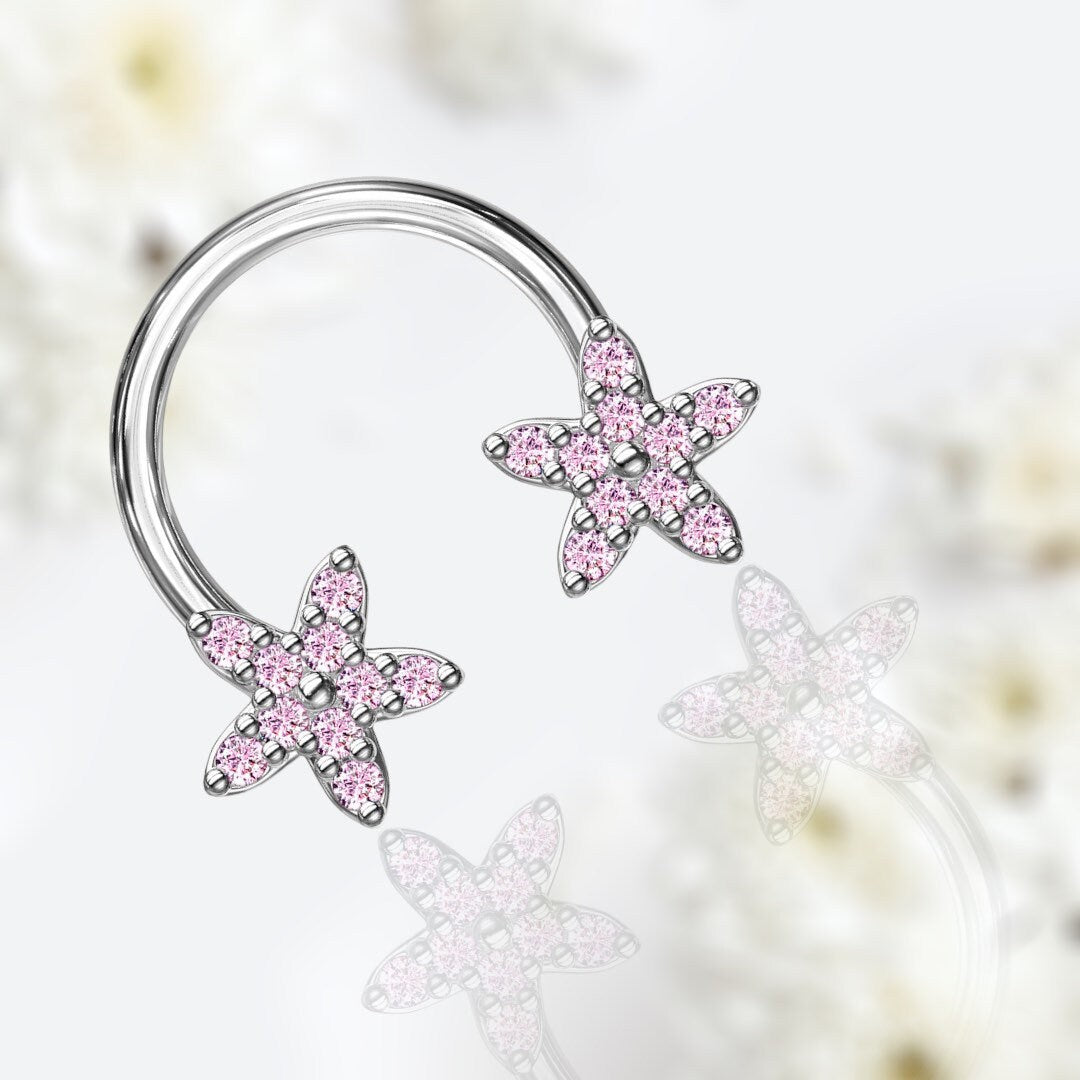 16G Pink Sparkling Flower Ends Horseshoe for Septum, Tragus & Cartilage Piercing.