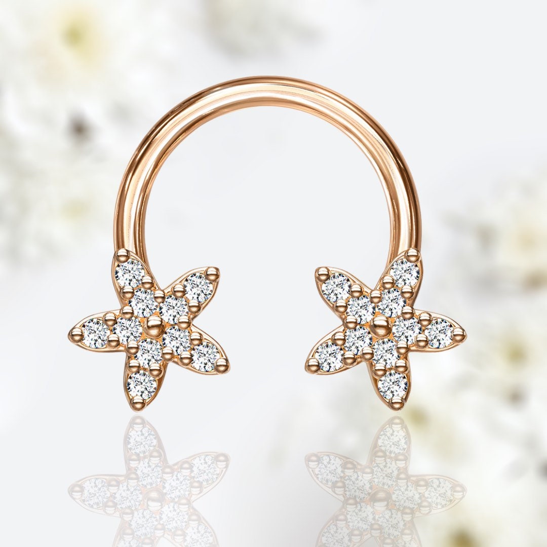 16G Rose Gold Sparkling Flower Ends Horseshoe for Septum, Tragus & Cartilage Piercing.