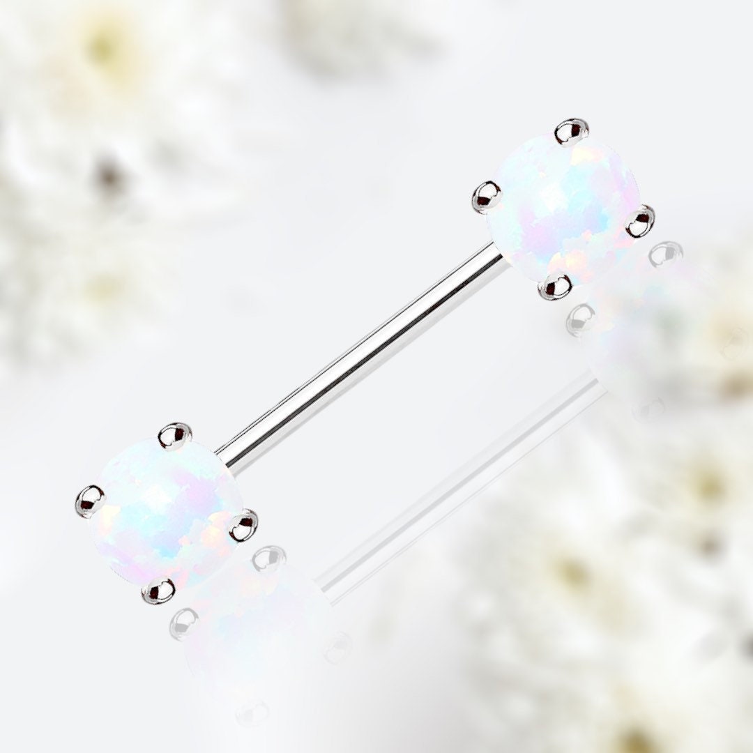 Pair of 14G White Opal Prong Set Nipple Barbell. Nipple Rings. Nipple Piercing. Nipple Jewelry.