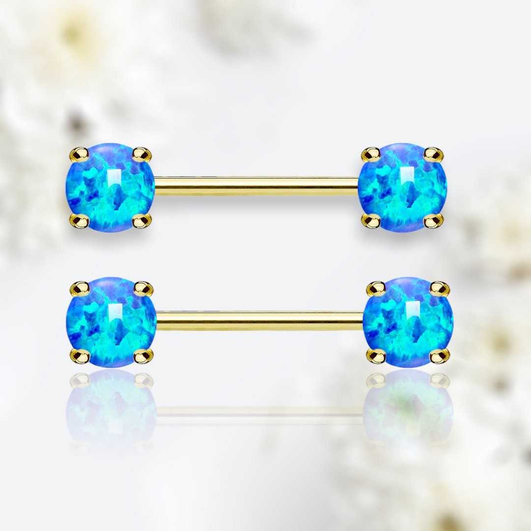 Pair of 14G Gold Blue Opal Prong Set Nipple Barbell. Nipple Rings. Nipple Piercing. Nipple Jewelry.