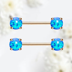 Pair of 14G Rose Gold Blue Opal Prong Set Nipple Barbell. Nipple Rings. Nipple Piercing. Nipple Jewelry.