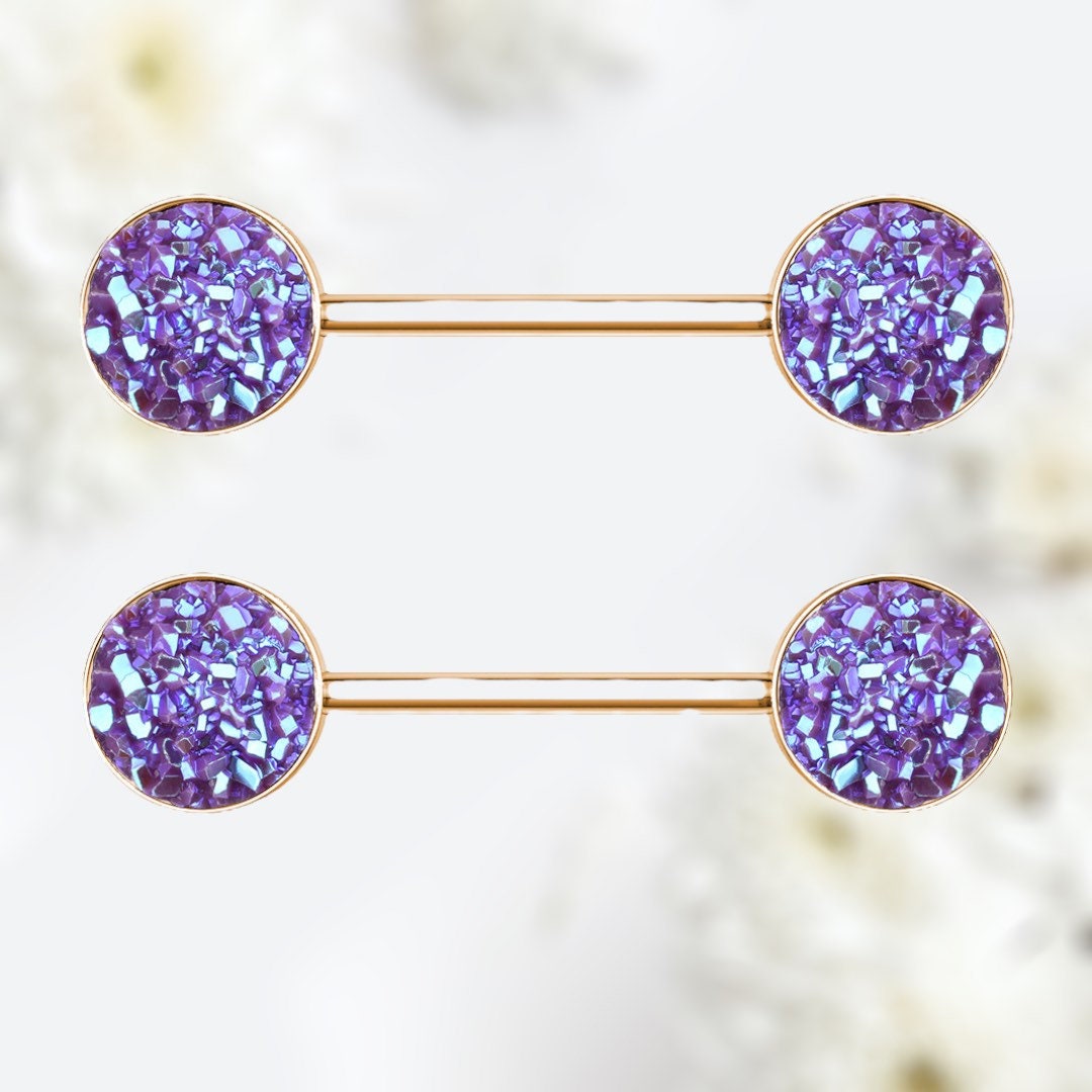 Pair of 14G Rose Gold Purple Druzy Stone Ends Nipple Barbell. Nipple Piercing. Nipple Rings. Nipple Jewelry.