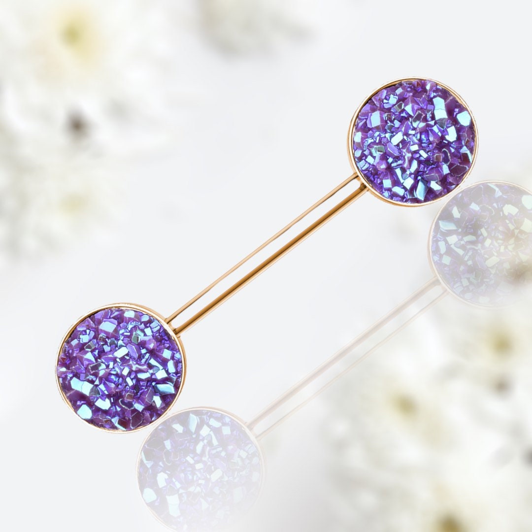 Pair of 14G Rose Gold Purple Druzy Stone Ends Nipple Barbell. Nipple Piercing. Nipple Rings. Nipple Jewelry.