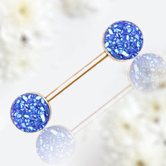 Pair of 14G Rose Gold Blue Druzy Stone Ends Nipple Barbell. Nipple Piercing. Nipple Rings. Nipple Jewelry.