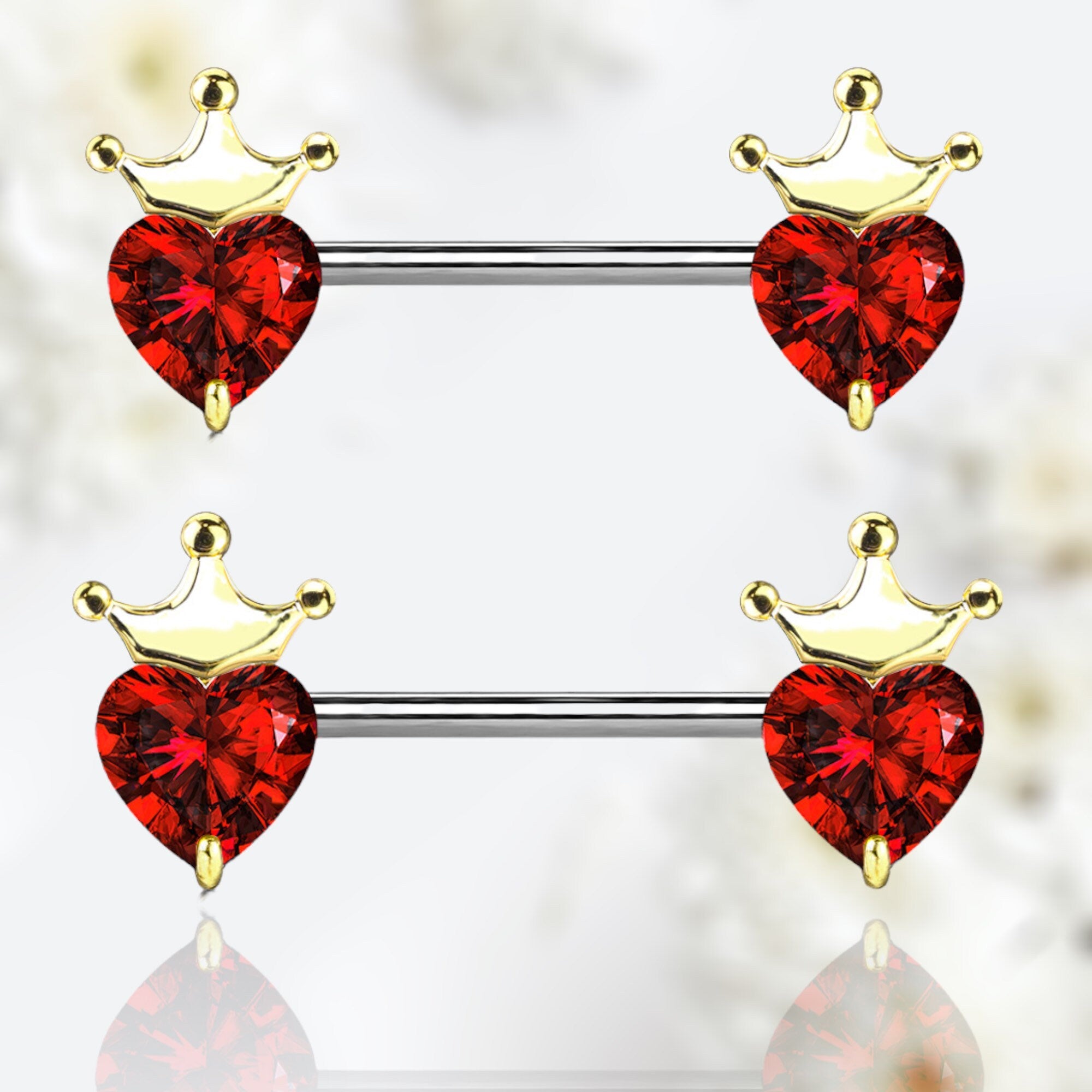 Pair of 14G Red Heart & Gold Crown Top Nipple Barbell. Nipple Piercing. Nipple Ring. Nipple Jewelry