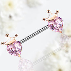 Pair of 14G Pink Heart & Rose Gold Crown Top Nipple Barbell. Nipple Piercing. Nipple Ring. Nipple Jewelry