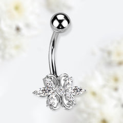 14G Silver Heart Shape Marquise Stones Belly Button Ring