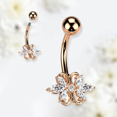 14G Rose Gold Dual Heart Shape Marquise Stones Belly Button Ring