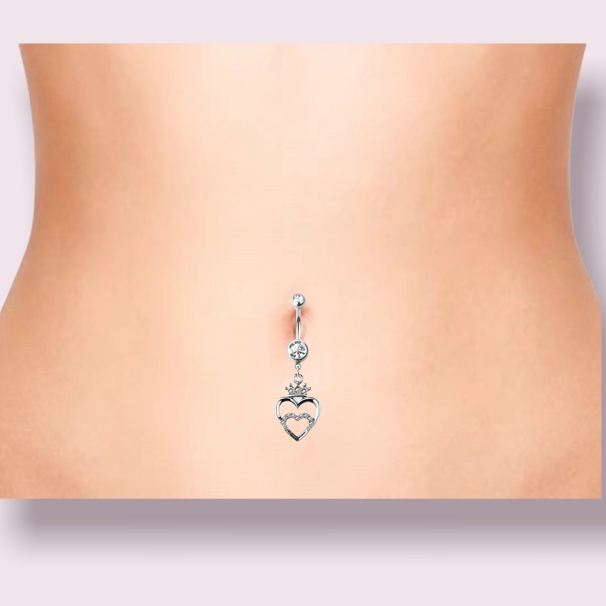 Double Heart Crown Top Dangling Belly Button Ring