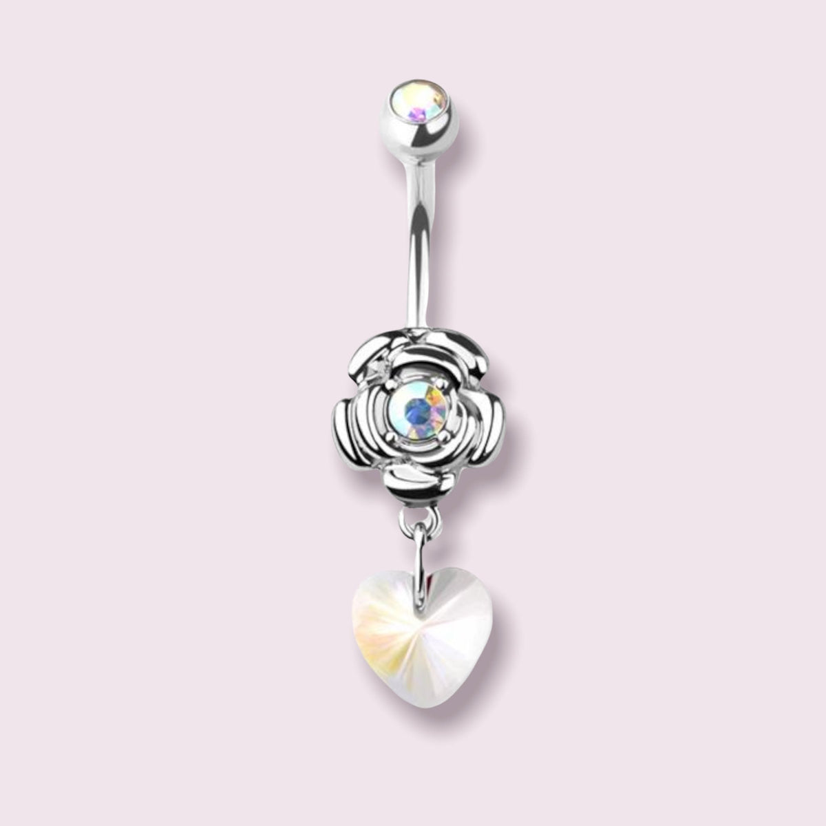 Silver Rose Heart White Heart Dangling Belly Button Ring