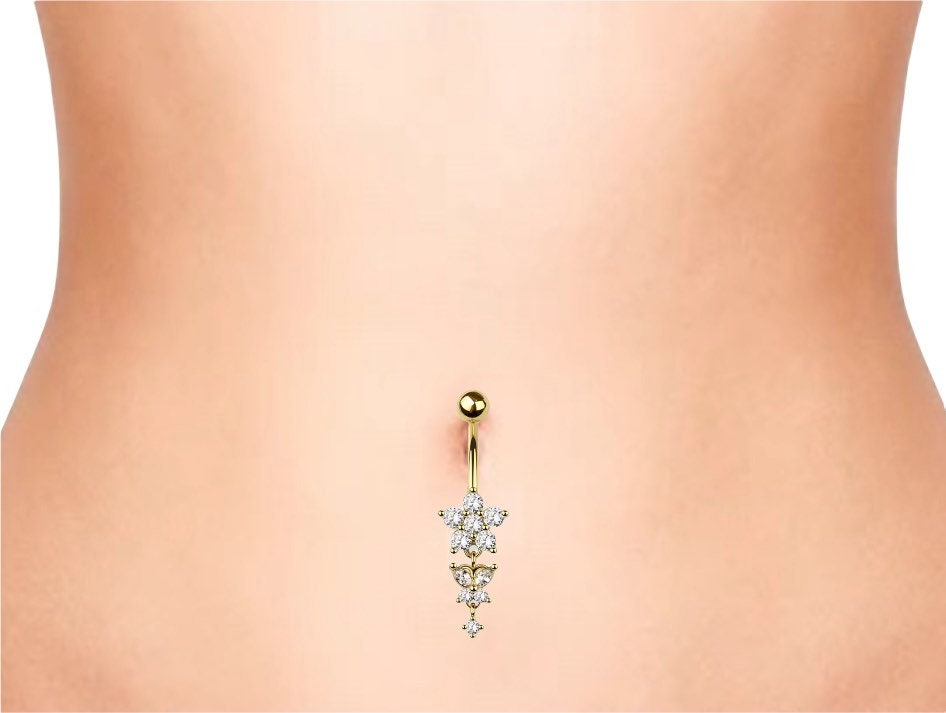 Gold Flower and Dangling Butterfly Belly Button Ring