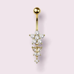 Gold Flower and Dangling Butterfly Belly Button Ring