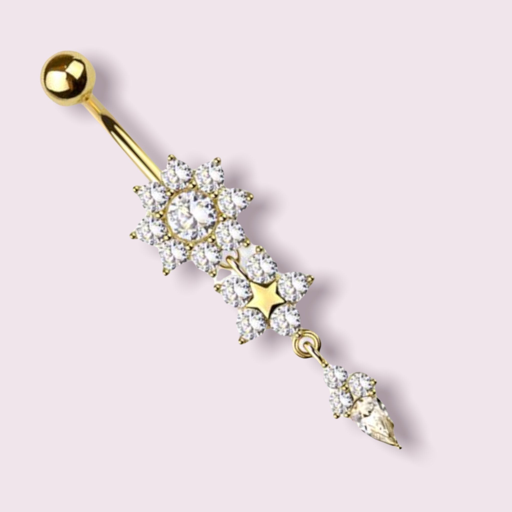 Gold Flower Top Dangling Flower Surgical Steel Dangling Belly Button Ring