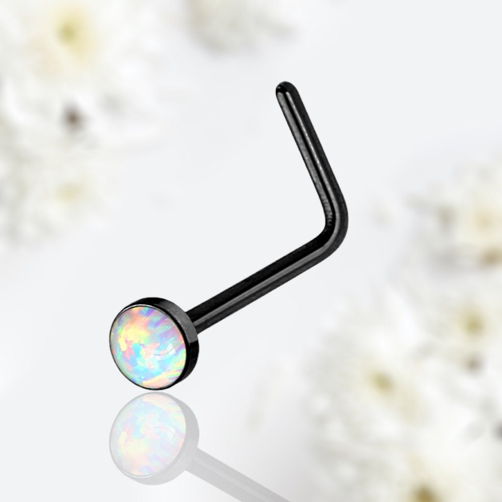 20G Black White Opal Bezel Set L Shape Nose Stud. Nose Piercing. Nose Stud. Nose Piercing.