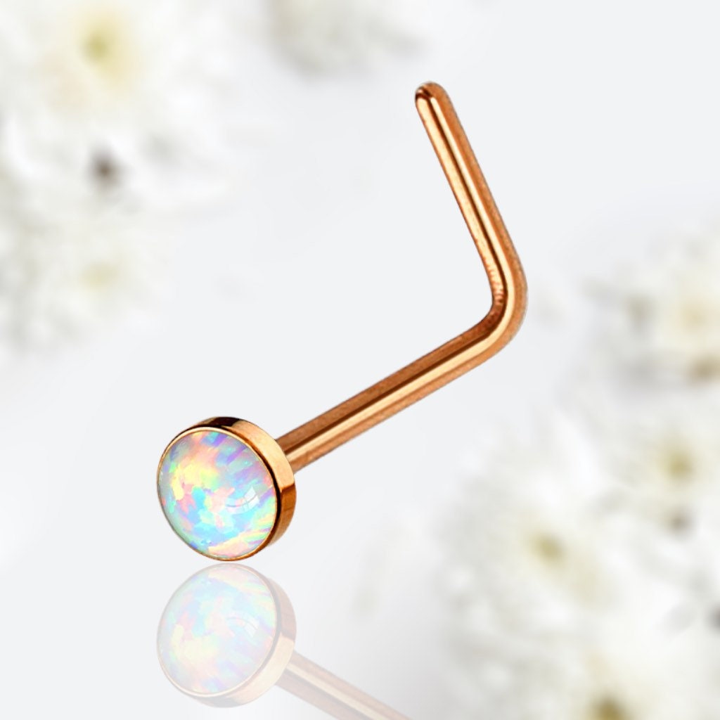 20G Rose Gold White Opal Bezel Set L Shape Nose Stud. Nose Piercing. Nose Stud. Nose Piercing.