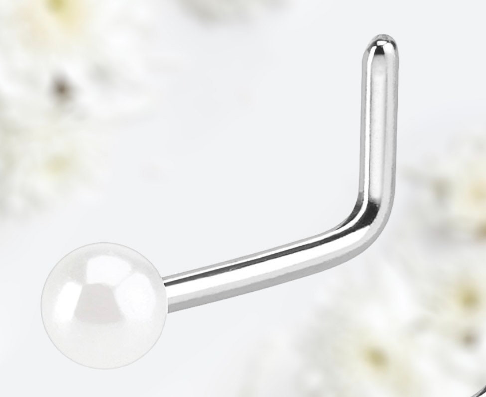 20G White Pearl L Shape Nose Stud. Nose Piercing.