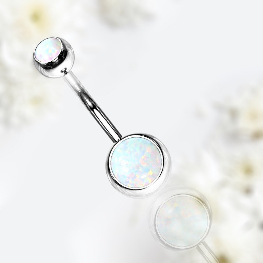 14G White Opal Bezel Set Surgical Steel Belly Button Ring